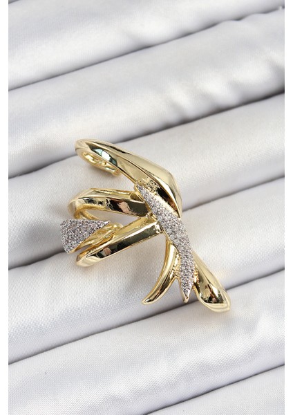 Pirinç Zirkon Taşlı Sıkıştırma Sağ Kıkırdak Gold Renk Kadın Küpe - TJ-BKP10756