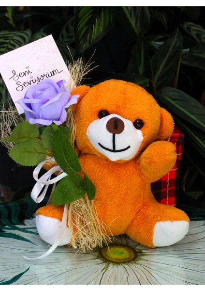 Elinde Kadife Gül & Seni Seviyorum Kartı Tutan 25CM Peluş Ayı Sevdiklerinize Özel Gün Hediyesi