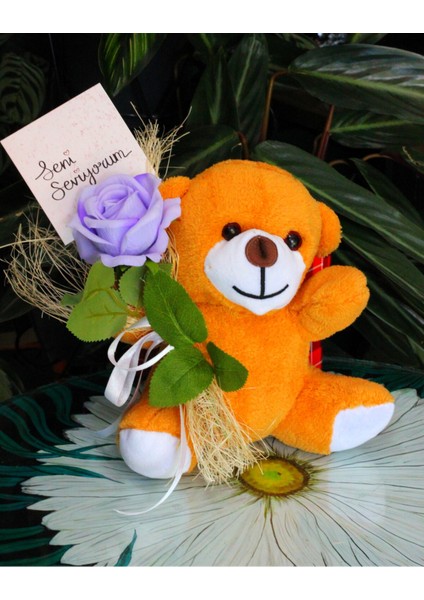 Elinde Kadife Gül & Seni Seviyorum Kartı Tutan 25CM Peluş Ayı Sevdiklerinize Özel Gün Hediyesi fiyatları