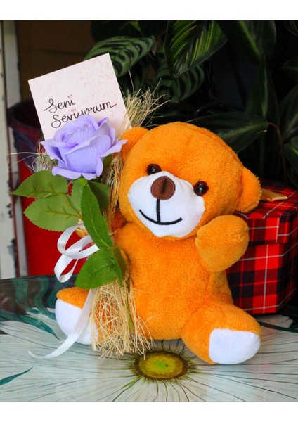 Elinde Kadife Gül & Seni Seviyorum Kartı Tutan 25CM Peluş Ayı Sevdiklerinize Özel Gün Hediyesi fırsatları