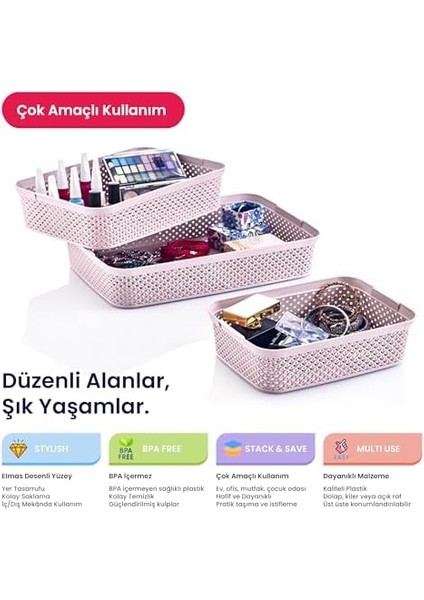 Life Serisi 3’lü Sepet Seti – Desenli, Kapaklı ve Çok Amaçlı (2.3l + 3.5l + 4.8l) (Gri) modelleri