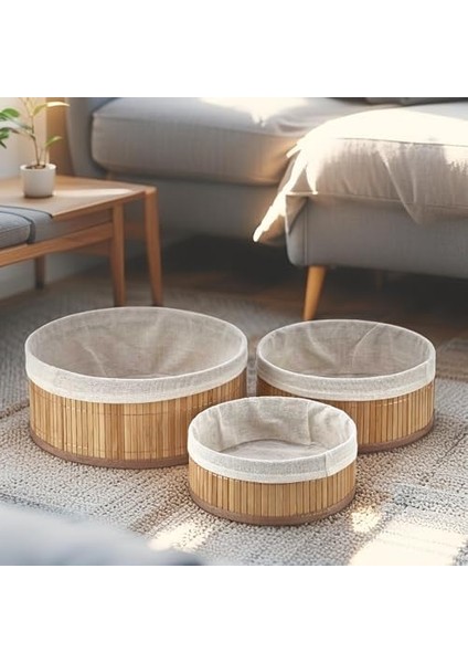Bambu Çok Amaçlı Saklama Kutusu 3&apos;lü Set, Düzenleyici Derin Boy Organizer, Dekoratif Bambu Düzenleyici 3 Boy Doğal Renk (Yuvarlak)