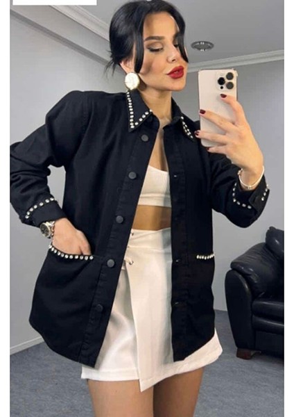Kristal Taş Detaylı Oversize Ceket Gömlek