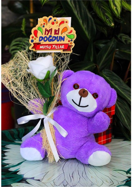 Elinde Kadife Gül & Iyi Ki Doğdun Kartı Tutan 25CM Peluş Ayı Sevdiklerinize Özel Gün Hediyesi fiyatları
