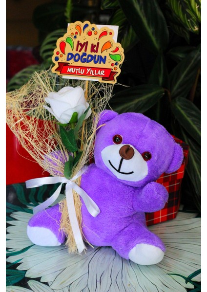 Elinde Kadife Gül & Iyi Ki Doğdun Kartı Tutan 25CM Peluş Ayı Sevdiklerinize Özel Gün Hediyesi modelleri