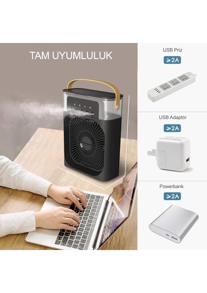 Buharlı Vantilatör Masaüstü Fan Klima Buharlı Hava Nemlendiricili Vantilatör Buzlu Hava Nemlendirici Özellikli 7 Renk LED Asorti Renk modelleri