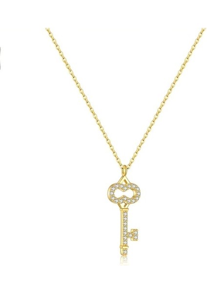 Zirkon Taşlı Anahtar Figürlü 18K Altın Kaplama Gümüş Kolye