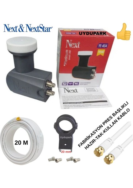 Next Dörtlü Lnb+Mag 20 M Hazır-Tak-Kullan Uydu Çanak Anten Kablosu+Lnb Kelepçesi