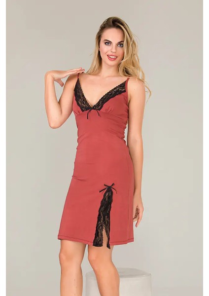 Lady Dantelli Mini Yırtmaç Penye Gecelik