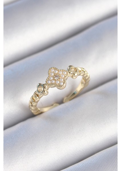 Pirinç Gold Renk Incili Yonca Model Zirkon Taş Detay Kadın Yüzük - TJ-BYK3438