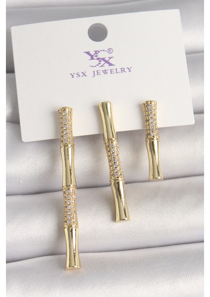 Pirinç Gold Renk Zirkon Taşlı Bambu Model 3'lü Kadın Kombin Küpe - TJ-BKP10463