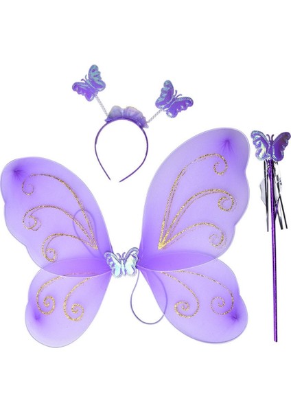 Lila Renk Kelebek Kanadı Tacı ve Sopası 50X37 cm