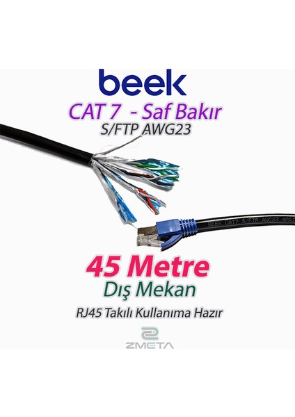 Cat7 - 45 Metre Saf Bakır S/ftp AWG23 Spe Dış Mekan Data Kablosu, Siyah Kullanıma Hazır