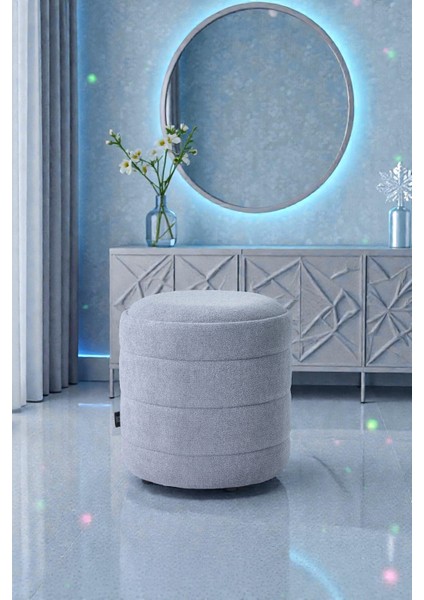 Lüks CNC Çizgili Yuvarlak Puf – Makyaj Masası Pufu -Dekoratif Ayak Uzatma-Bombeli Puff