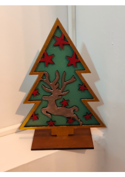 Elaca Dekoratif Ahşap Işıksız Noel Ağacı – Geyik Figürlü, Yılbaşı Süsü
