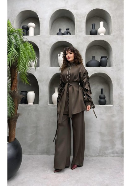 Taş Süslemeli Volanlı Kol Detaylı Premium skuba Kumaş Pantolonlu Ikili Takım fiyatları