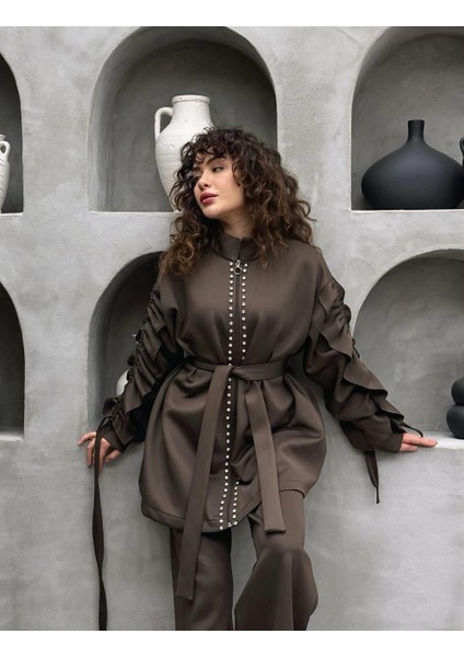 Taş Süslemeli Volanlı Kol Detaylı Premium skuba Kumaş Pantolonlu Ikili Takım modelleri