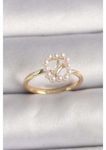 Pirinç Gold Renk Zirkon Taş Detaylı Incili Ayarlanabilir Yüzük - TJ-BYK3541