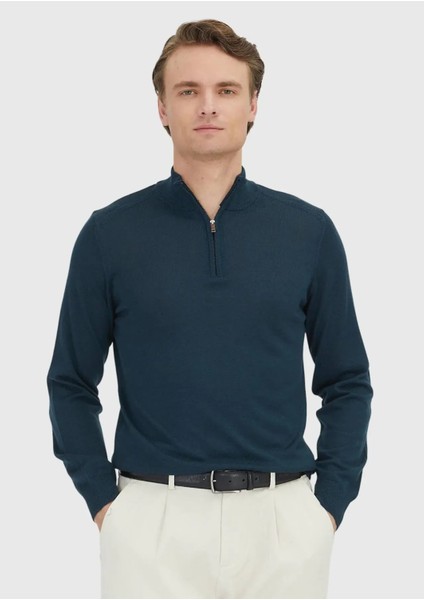 Petrol Yarım Balıkçı Yaka Düz Örgü Yün Karışımlı Triko Kazak