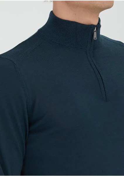 Petrol Yarım Balıkçı Yaka Düz Örgü Yün Karışımlı Triko Kazak fırsatları