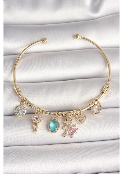 Pirinç Gold Renk Sallantı Zirkon Taşlı Ayıcık Figür Kalp Detay Charm Kadın Bileklik - TJ-BB6894