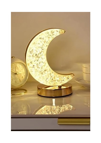 Ay Kristal Masa Lambası - 3 Renkli Dokunmatik Akrilik LED Romantik Gece Lambası Şarjlı