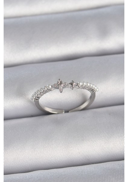 Pirinç Gümüş Renk Zirkon Taşlı Sıralı Inci Ayarlanabilir Model Kadın Yüzük - TJ-BYK3367