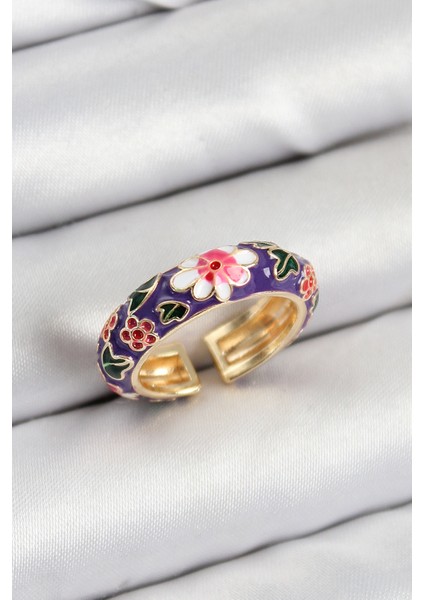 Pirinç Mor Mineli Çiçek Motifli Gold Renk Ayarlanabilir Kadın Yüzük - TJ-BYK3803