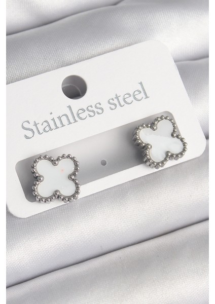 316L Çelik Gümüş Renk Beyaz Yonca Model Kadın Küpe - TJ-BKP10200