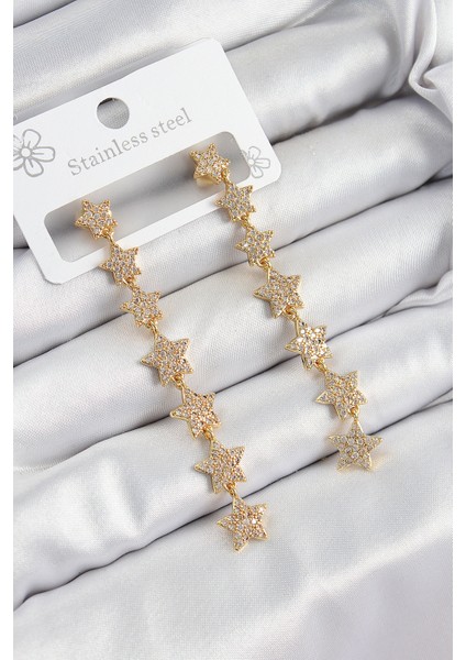Pirinç Zirkon Taşlı Sallantılı Yıldız Model Gold Renk Kadın Küpe - TJ-BKP10912