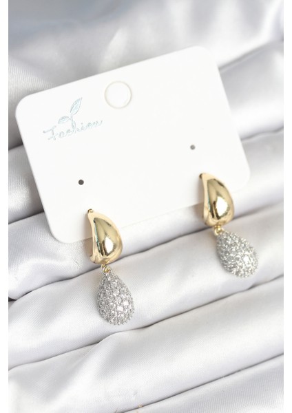 Gold Renk Zirkon Taşlı Damla Pirinç Kadın Küpe - TJ-BKP11288