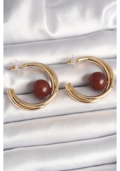 Pirinç Gold Renk Halka Model Kahverengi Boncuk Detay Kadın Küpe - TJ-BKP10364