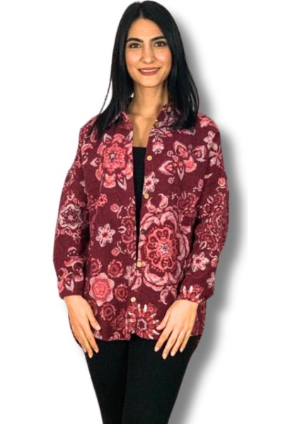 Kadın Tek Cepli Desenli Kalın Oduncu Ceket Gömlek (Kırmızı-Pembe)