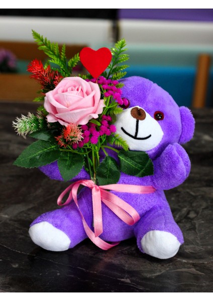 Kucağında Pembe Gül Buketi Tutan 25CM Sevimli Peluş Ayıcık Sevdiklerinize Hediye