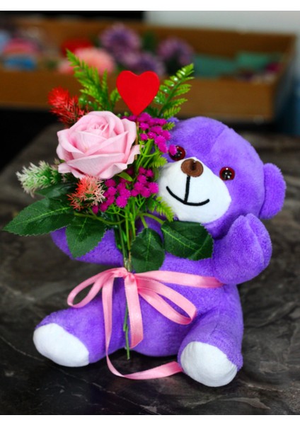 Kucağında Pembe Gül Buketi Tutan 25CM Sevimli Peluş Ayıcık Sevdiklerinize Hediye modelleri