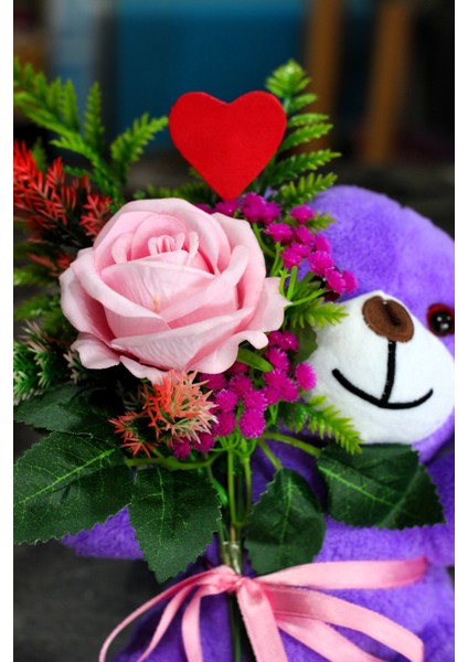 Kucağında Pembe Gül Buketi Tutan 25CM Sevimli Peluş Ayıcık Sevdiklerinize Hediye fırsatları