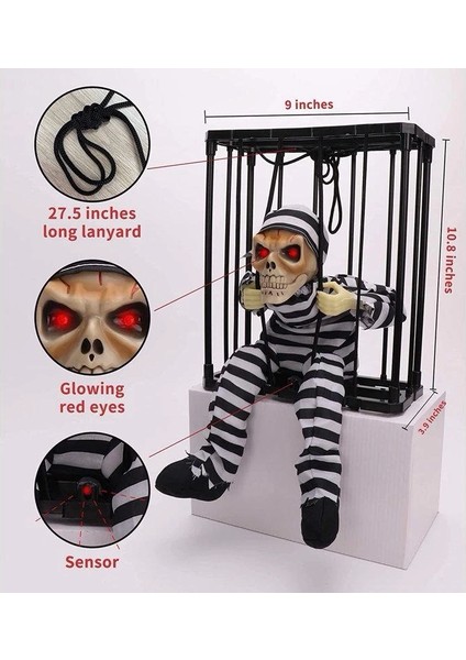 Bfs Hareketli Sesli Sensörlü Mahkum Görünümlü Kuru Kafa Iskelet Dekorasyon 22X27 cm