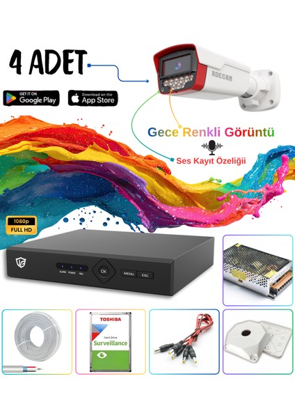4 Lü Full Hd Ahd Güvenlik Kamera Sistemi - Gece Renkli & Sesli Set + 30 Gün Kayıt, cepten izleme