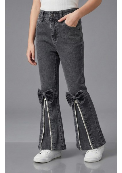 Kız Çocuk Füme Fiyonk Detaylı Ispanyol Paça Kot Pantolon
