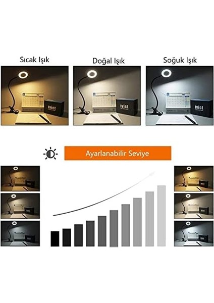 Çok Fonksiyonlu LED Akrobat Masa Lambası, Klipsli, Göz Koruyuculu, Ayarlanabilir Açılı, Kitap Okuma Işığı, Youtuber, Tiktok, Ring Light Aydınlatma, 3 Farklı Mod (Sarı, Beyaz, Gün Işığı)
