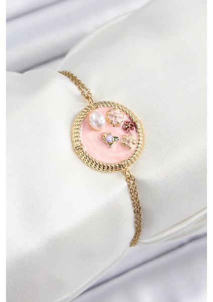 316L Çelik Zincir Pembe Mineli Sanatsal Portre Inci Detaylı Çiçek Model Gold Renk Kadın Bileklik - TJ-BB7229