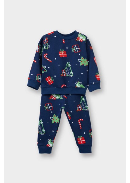 Erkek Bebek Yeni Yıl Baskılı Uzun Kollu Ince Sweatshirt Kumaşı 2li TAKIM G1973A525CW