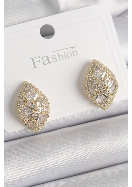 Pirinç Gold Renk Zirkon Taş Işlemeli Damla Model Kadın Küpe - TJ-BKP9862