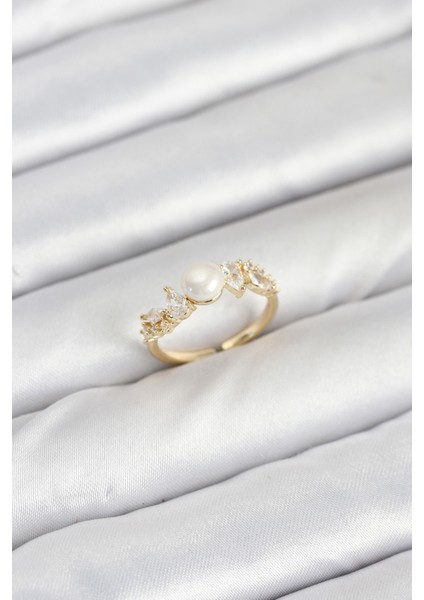 Pirinç Gold Renk Zirkon Taşlı Incili Model Kadın Yüzük - TJ-BYK3852