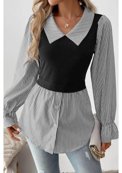 Yakalı Önden Düğmeli Ottoman Bluz - Siyah