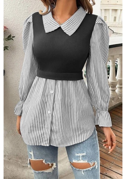 Yakalı Önden Düğmeli Ottoman Bluz - Siyah modelleri