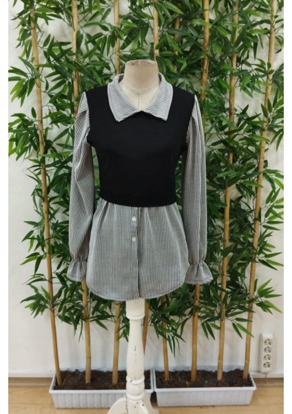 Yakalı Önden Düğmeli Ottoman Bluz - Siyah fırsatları