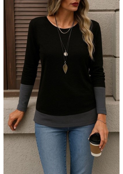 Yuvarlak Yaka Renk Bloklu Viskon Bluz - Siyah modelleri