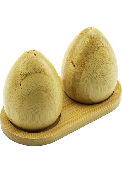 2 Pcs - Yumurta Modeli Ahşap Bambu Tuzluk - Baharatlık Ahşap Standlı (4940)