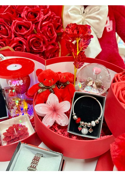 Kırmızı Kat Kat Mutluluk - Sevgiliye Özel Hediye | Kar Küresi + Takı + Ayıcık + Gül modelleri